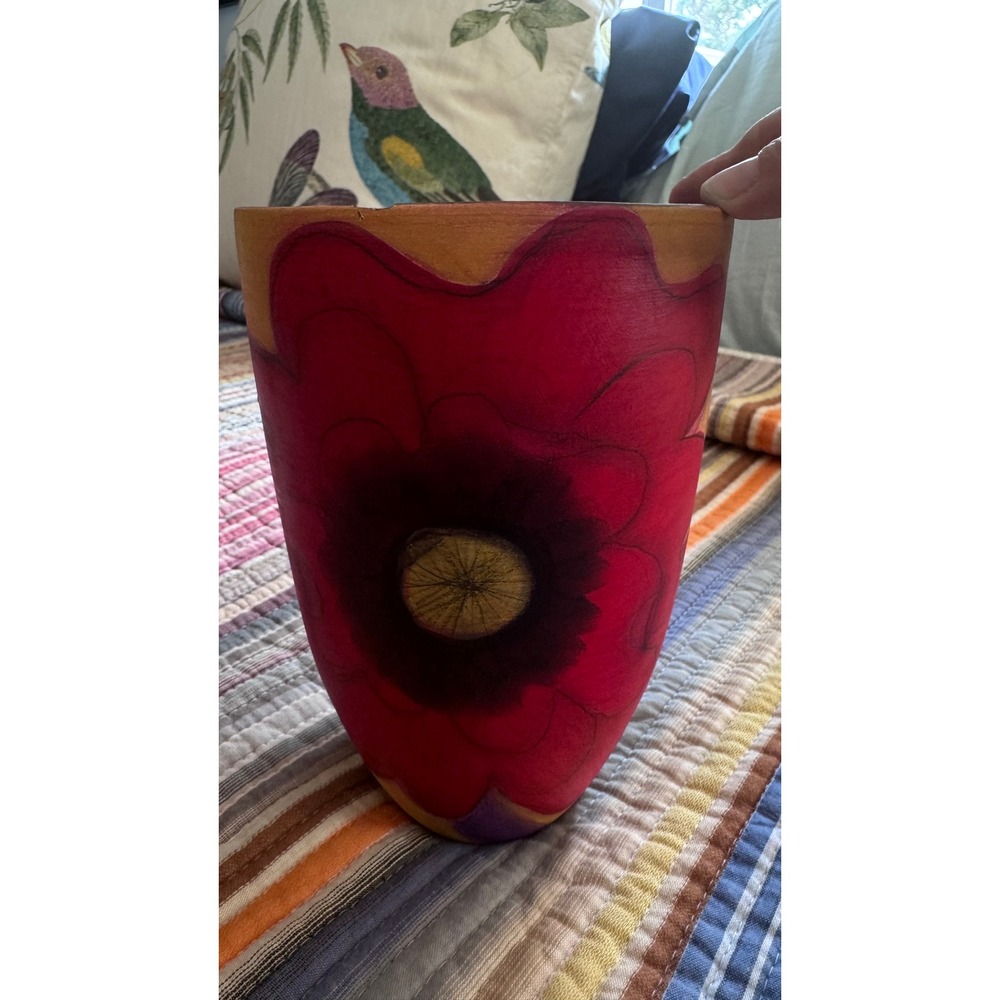 Brink Signed Studio Pottery Terracotta Vase Hand Painted Red Poppy Floral Art